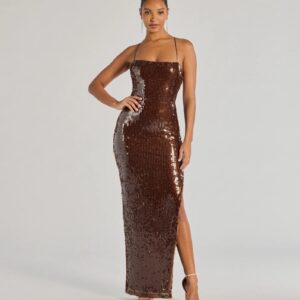 Naya Lace-Up High Slit Sequin Column Dress