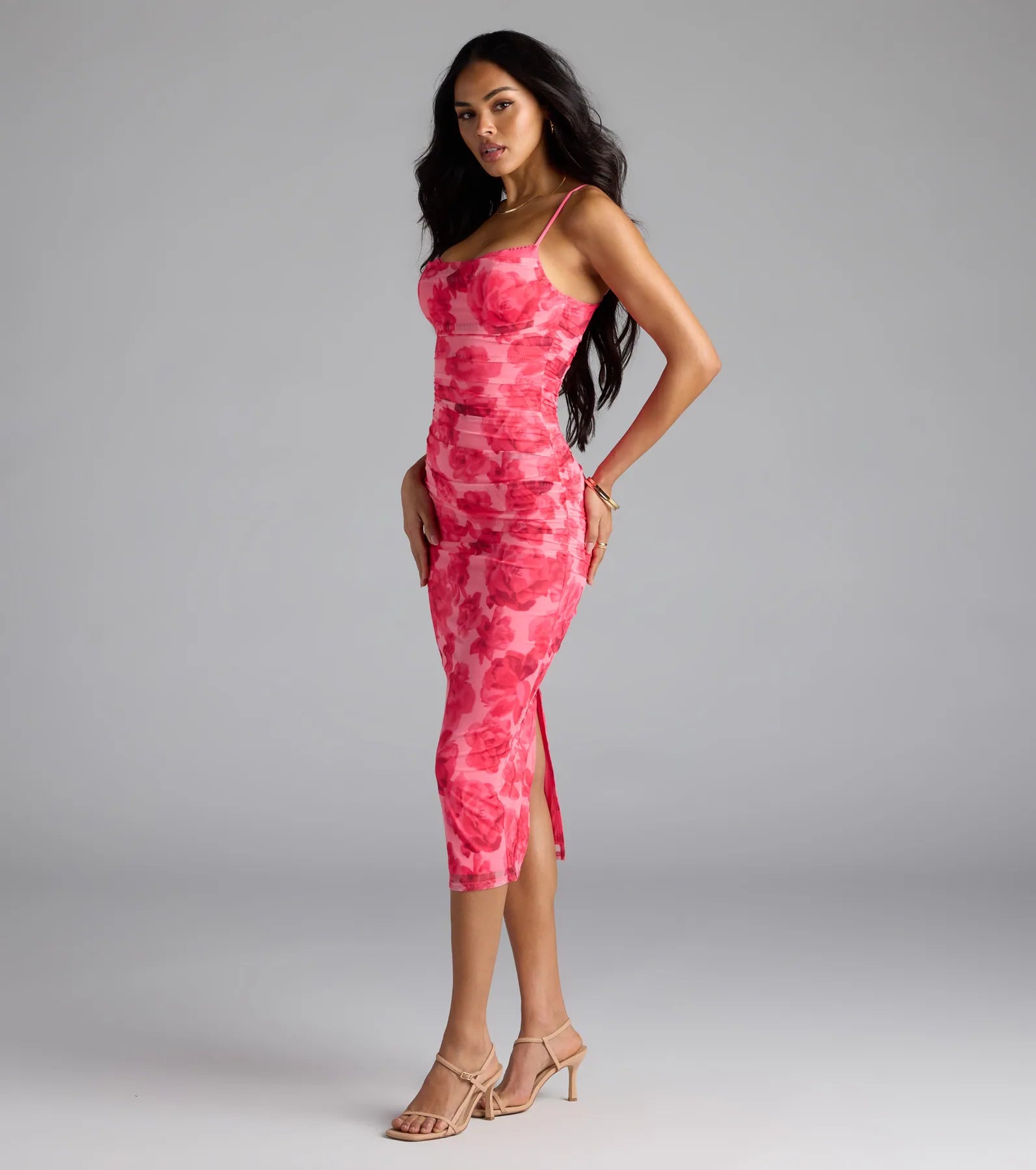Petal Perfection Floral Ruched Midi Dress - Image 9