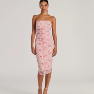 Love And Floral Strapless Mesh Midi Dress