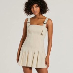 Babe With Taste Buckle Strap Pleated Mini Dress