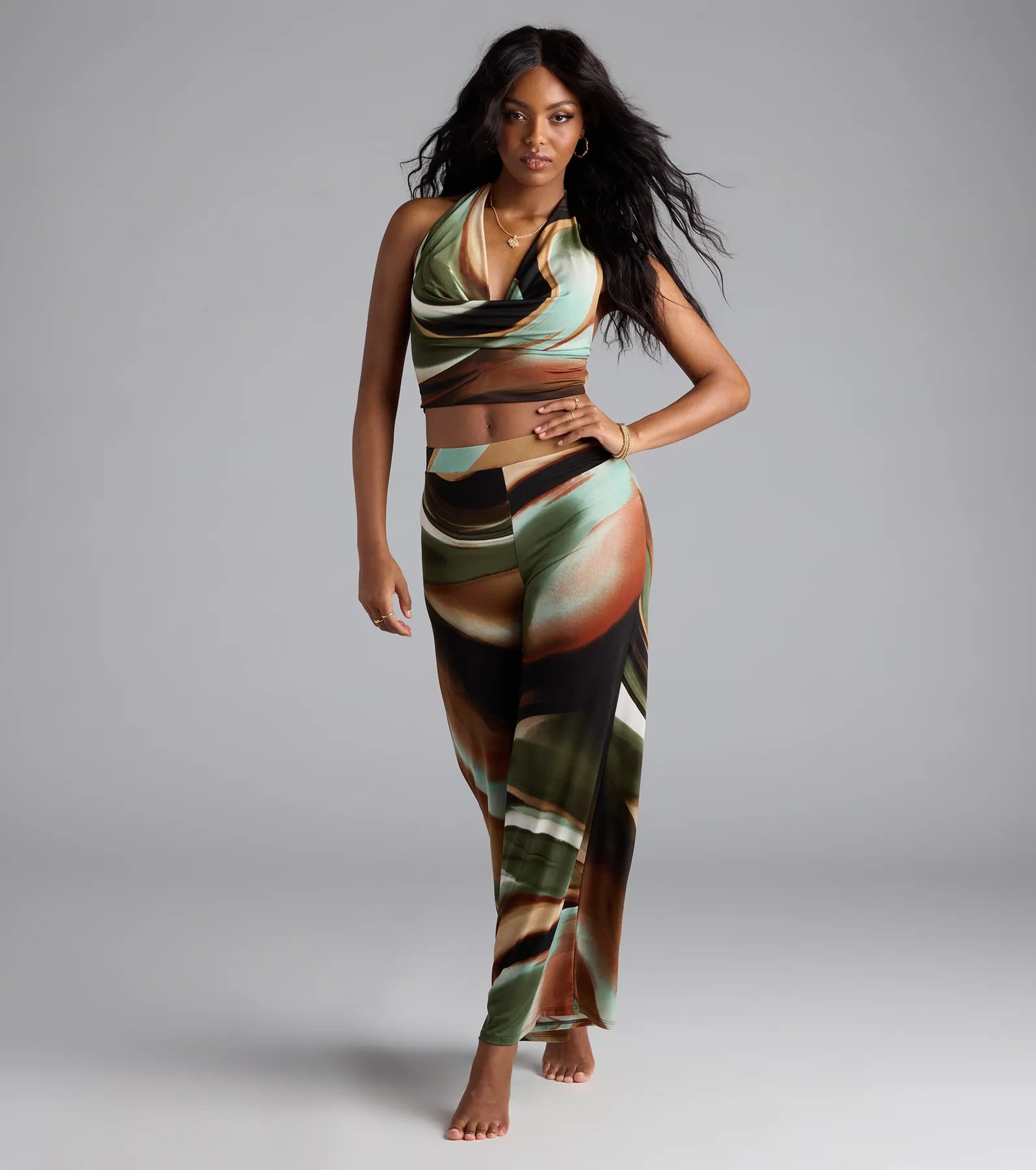 Sultry Effect Abstract Cowl Halter Crop Top - Image 3