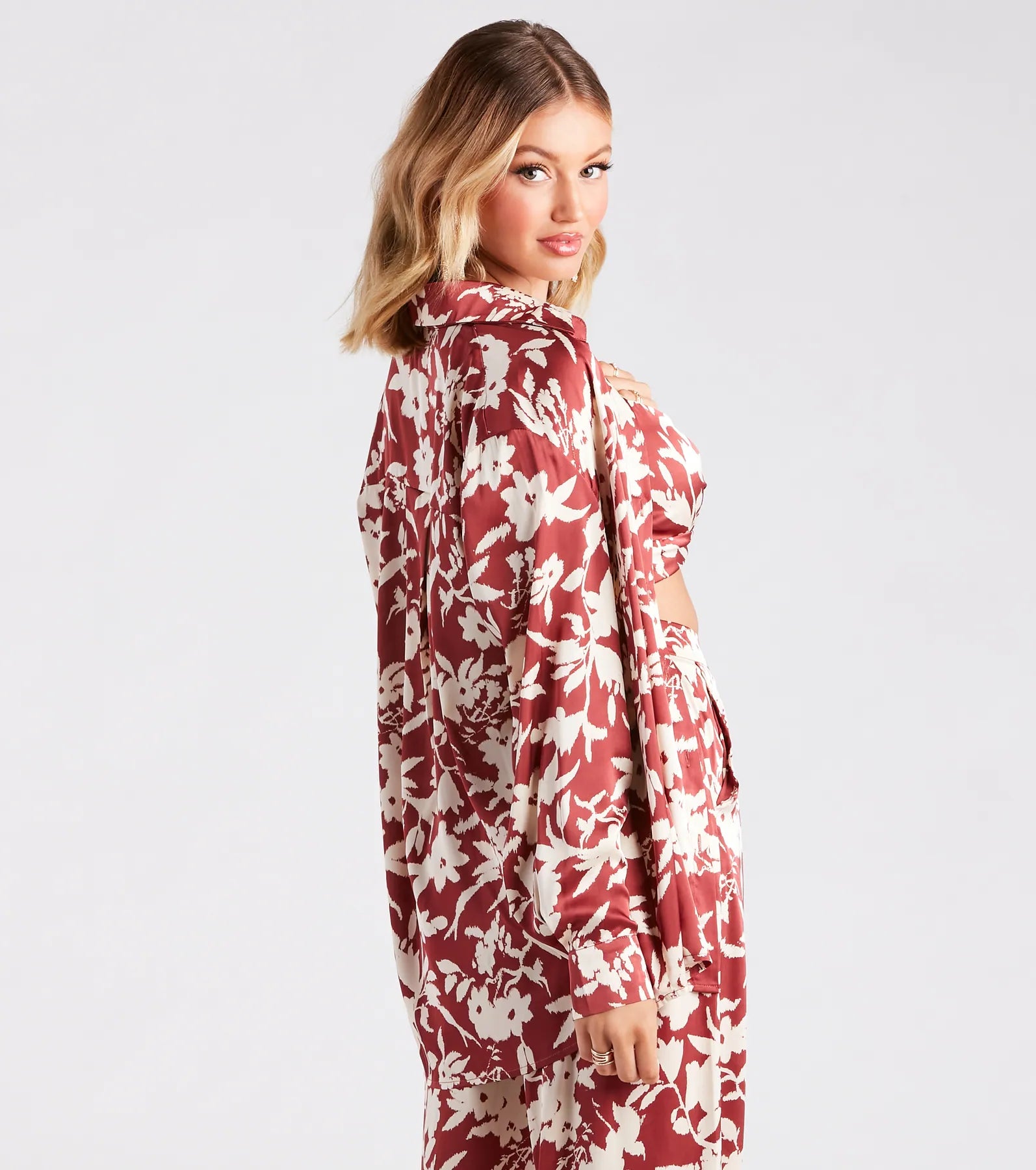 Major Muse Floral Satin Button-Down Top - Image 2