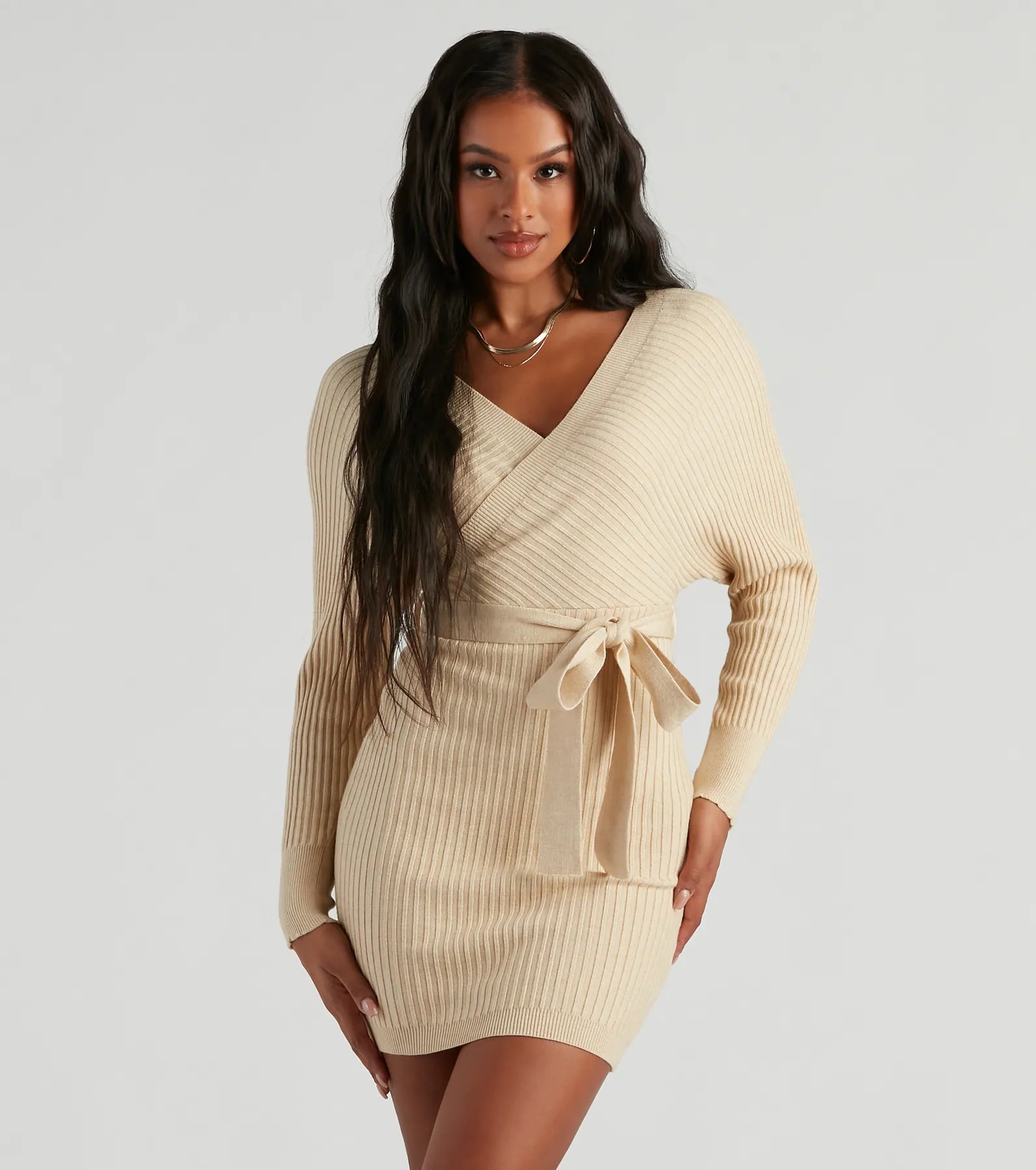 Ribbed Knit Tie-Front Mini Sweater Dress - Image 5