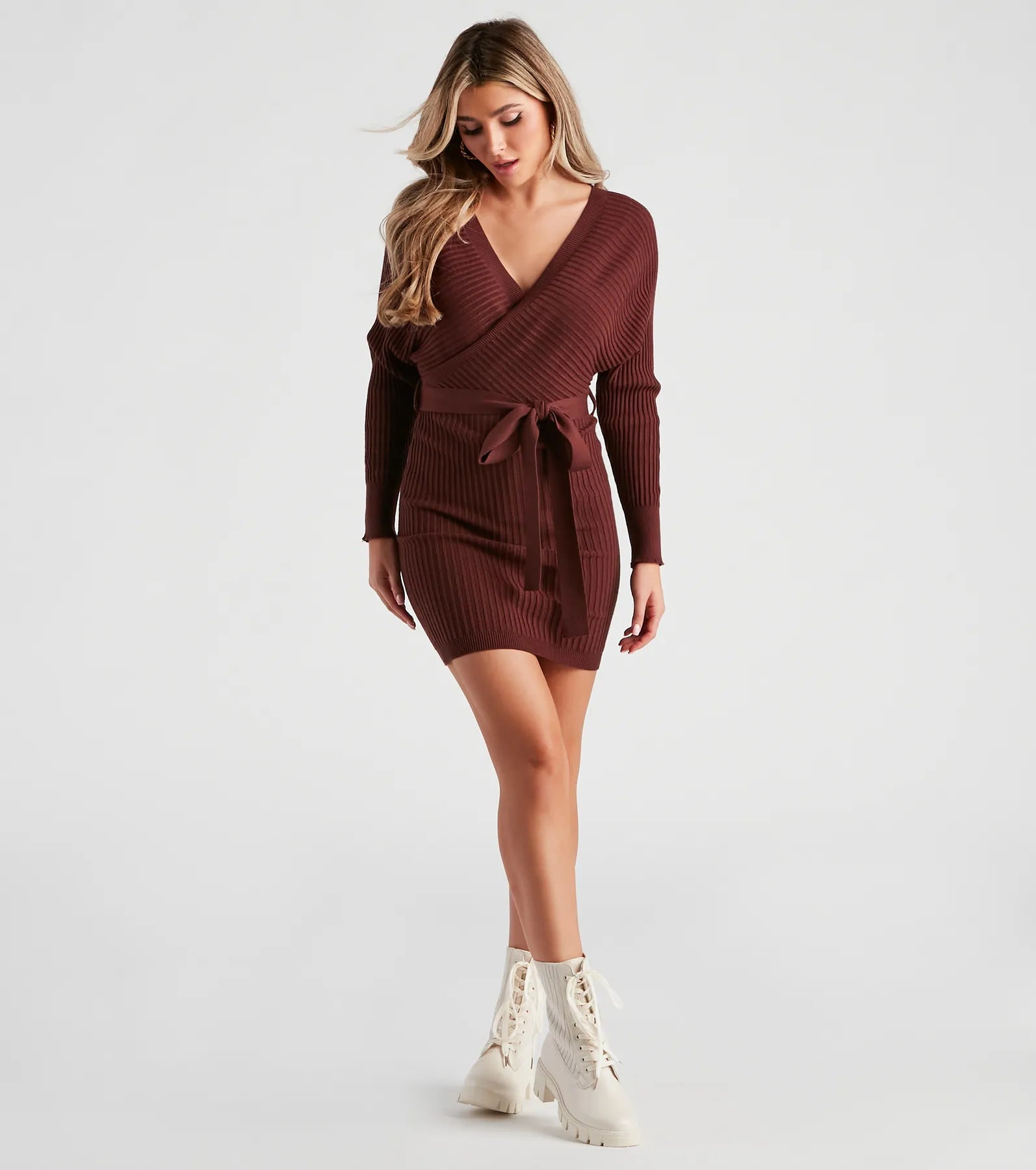 Ribbed Knit Tie-Front Mini Sweater Dress - Image 11