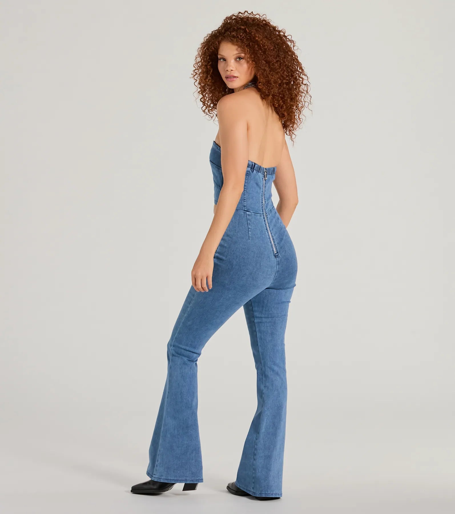 Double The Style Buckle Cutout Flare Denim Jumpsuit - Image 2