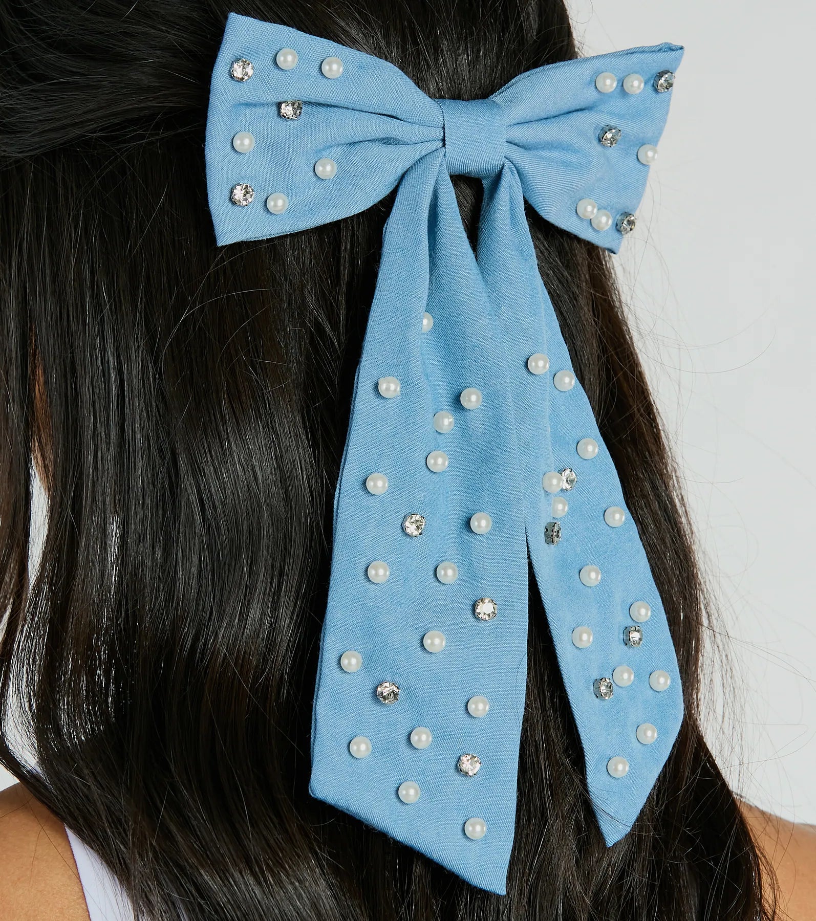 Finishing Look Faux Pearl Denim Hair Bow Barrette - Image 2