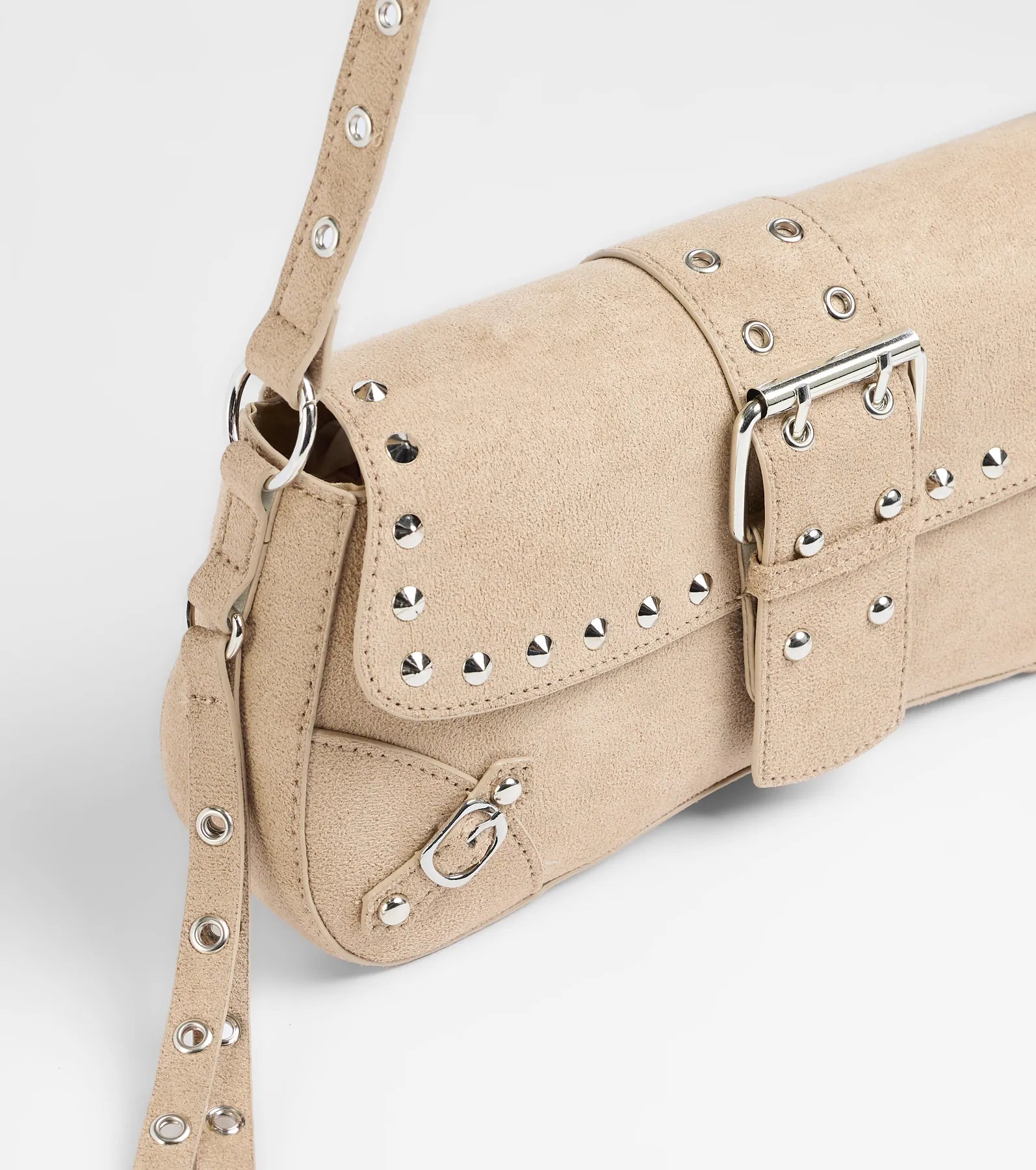 Buckle Up Faux Suede Studded Shoulder Bag - Image 2