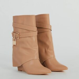 Lock And Key Foldover Wedge Faux Leather Boots