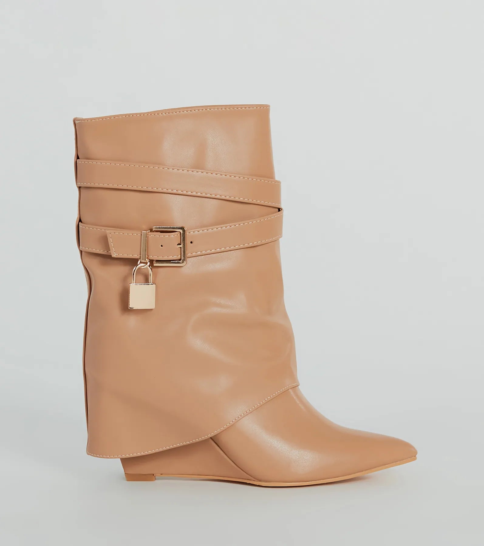 Lock And Key Foldover Wedge Faux Leather Boots - Image 2